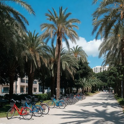 Row of Colorful Bikes Under Palm Trees