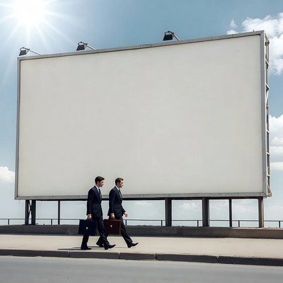 Two businessmen walking past blank billboard