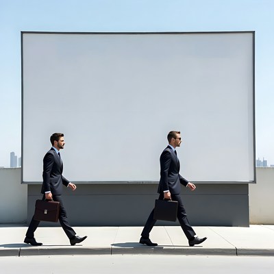Two businessmen walking past blank billboard