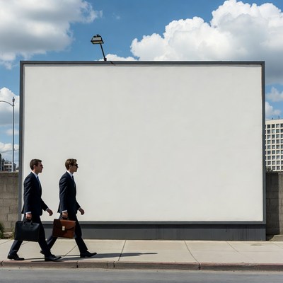 Two businessmen walking past blank billboard