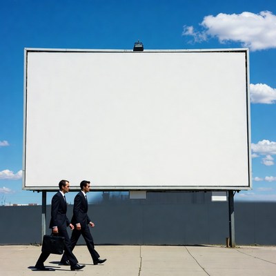 Two businessmen walking past blank billboard