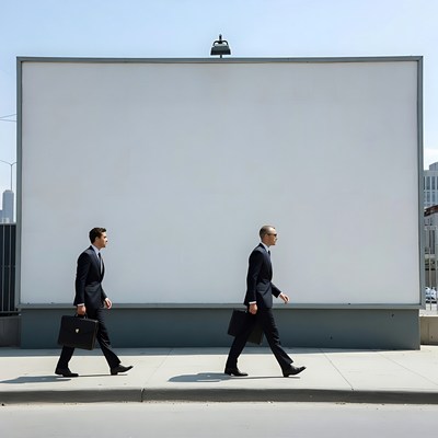 Two businessmen walking past blank billboard