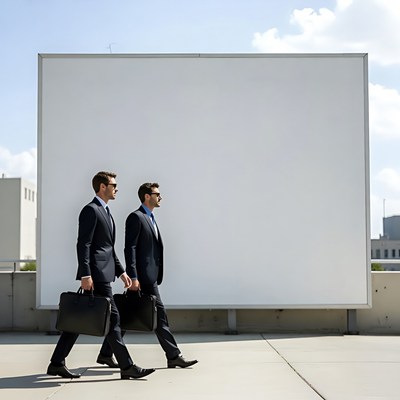 Two businessmen walking past blank billboard
