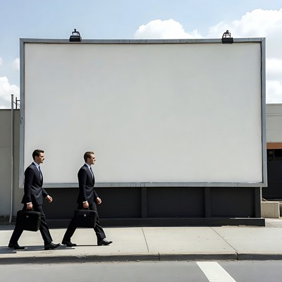 Businessmen walking past blank billboard