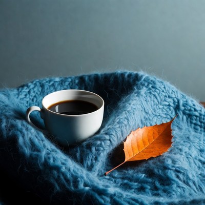 Coffee Cup with Autumn Leaf on Blue Blanket