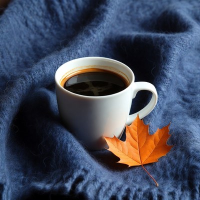 Coffee Cup with Autumn Leaf on Blue Blanket