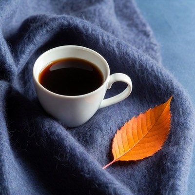 White coffee cup with autumn leaf