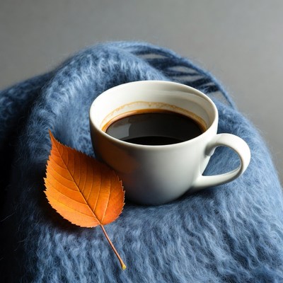 Coffee cup with autumn leaf on blue blanket