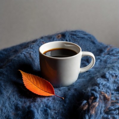 White coffee cup on blue blanket with autumn leaf