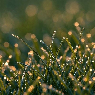 Dew drops on green grass blades
