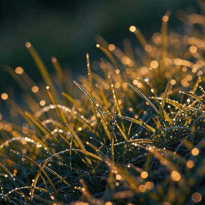Dew-covered grass blades at sunrise