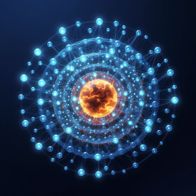 Glowing Atom with Blue Electron Orbitals