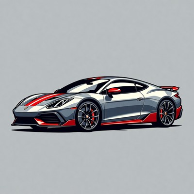 Silver sports car with red stripes