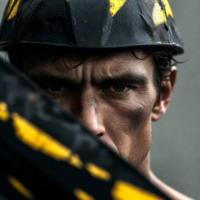Closeup of man in yellow-striped hard hat