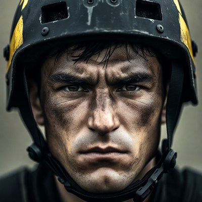 Man wearing muddy climbing helmet