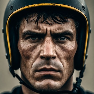 Man in black helmet intense stare