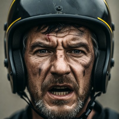 Grimy man shouting in black helmet