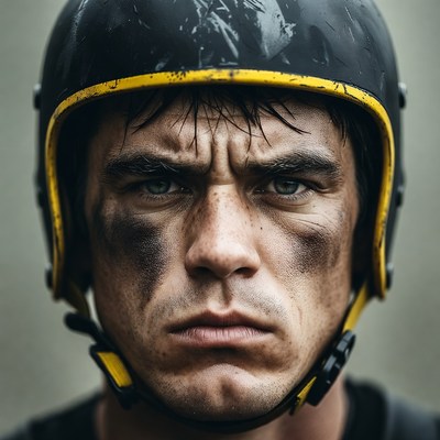 Man in yellow stripe helmet with dirt