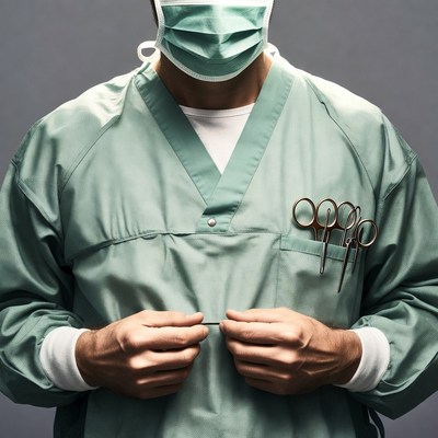 Surgeon holding surgical tools