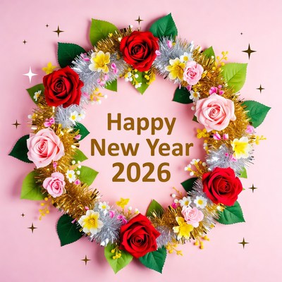 Happy New Year 2026 Flower Wreath