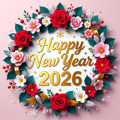 Happy New Year 2026 Floral Wreath