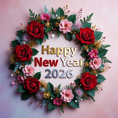 Happy New Year 2026 Floral Wreath