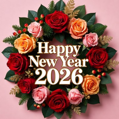 Happy New Year 2026 Rose Wreath