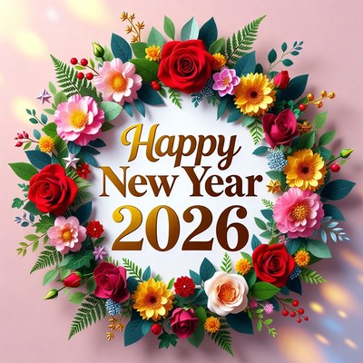 Happy New Year 2026 Flower Wreath