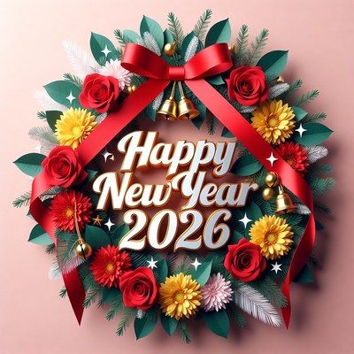 Happy New Year 2026 Floral Wreath
