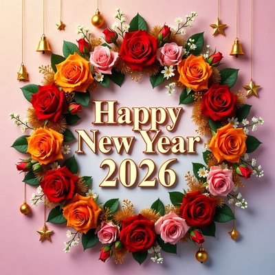 Happy New Year 2026 Rose Wreath