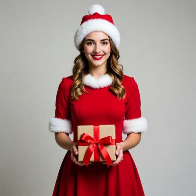 Woman in Santa hat holding Christmas gift