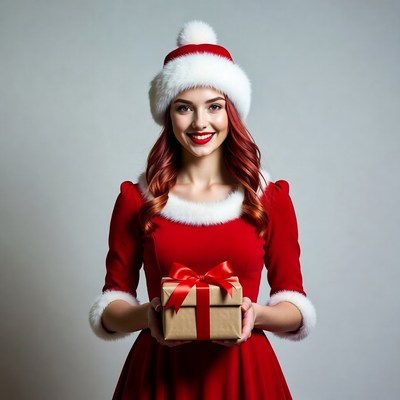 Redhead woman in Santa hat holding gift