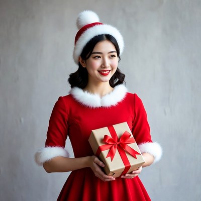 Asian woman in Santa dress holding gift