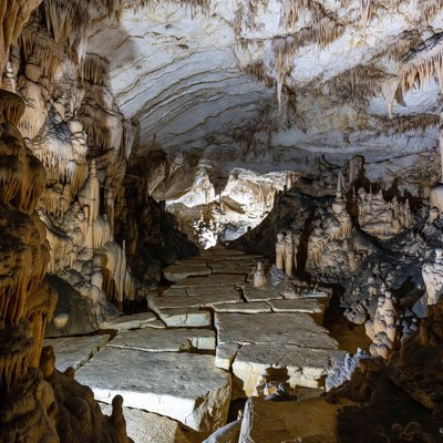 Stone Steps in Cavern with Stalactites