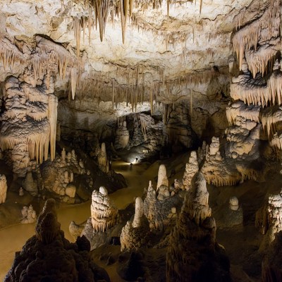 Stalactites in Illuminated Cave