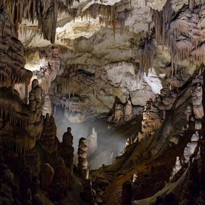 Stalactites in Illuminated Cave
