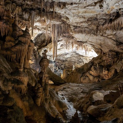 Stalactites in Illuminated Cave