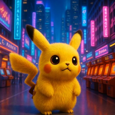 Pikachu in neon city street