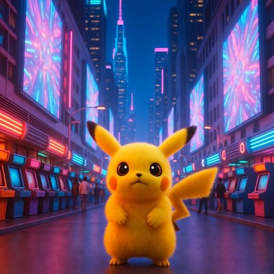 Pikachu standing in neon city street