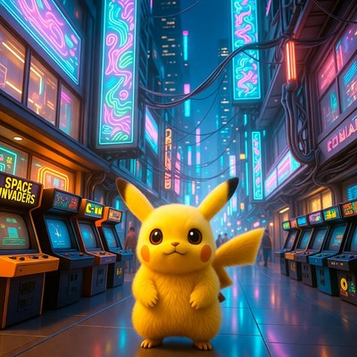 Pikachu in neon cyberpunk city