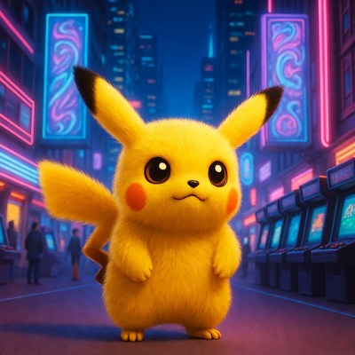 Pikachu standing in neon city street