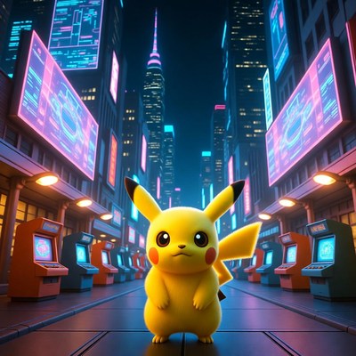 Pikachu in neon cyberpunk New York