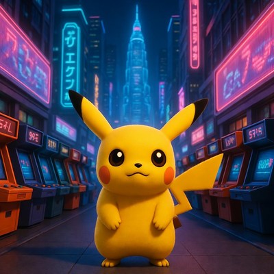 Pikachu in neon cyberpunk city
