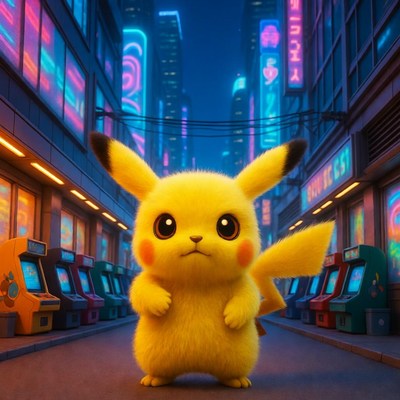 Pikachu in neon-lit city street