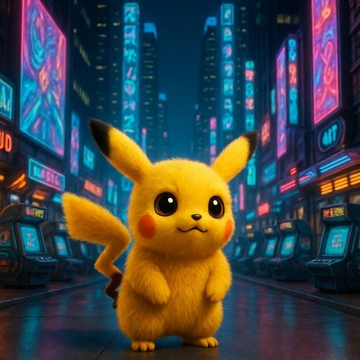 Pikachu standing in neon city street
