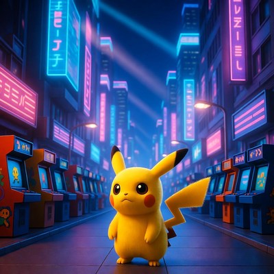 Pikachu in neon-lit city street