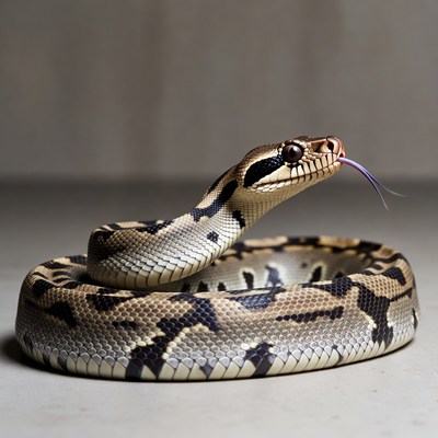 Ball Python coiled on white background