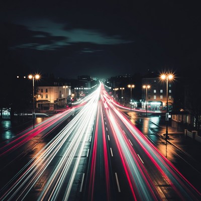 Night Traffic Light Trails on Wet Street