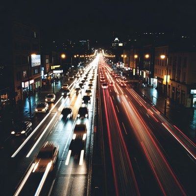 Night Traffic Light Trails on Wet Urban Street