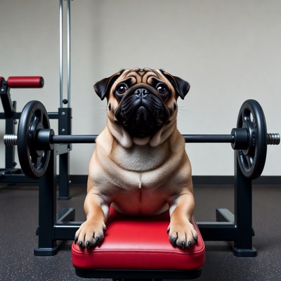 Pug on weight bench gym